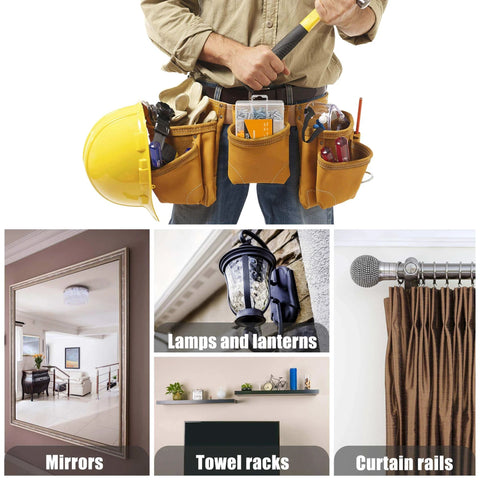 270 Pcs Drywall Anchors and Screws Assortment Kit with 135 Plastic Expansion Wall Anchors and 135 Phillips Flat Head Wood Screws, shown in tool belt with home decor items.