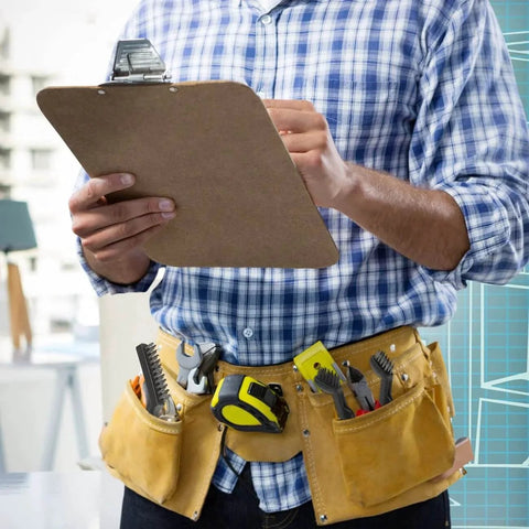 Person in blue plaid shirt holding clipboard and wearing tool belt with wire brushes pack of 6 for cleaning welding slag, rust, dust.