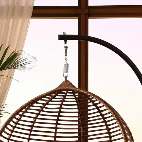 Durable 360 degree rotating spring steel hooks with anti corrosion coating securing hanging chair indoors.