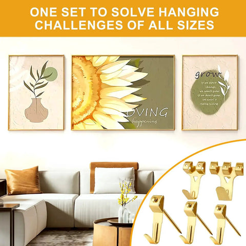 Living room wall with framed art and 303 Piece Picture Hanging Kit With Heavy Duty Hooks Nails Sawtooth Wire D Rings And Level In A Categorized Organizer.