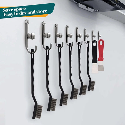 Mounted 12 Pcs Mini Stainless Steel Wire Brush Set with Curved Handle, ideal for cleaning weld slag and rust, hanging on wall hooks