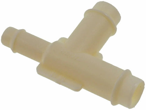 Beige plastic hard vacuum tubing tee for automotive use with three barbed ports: 3/8 in, 1/4 in, 3/8 in