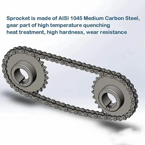 Hardened 10 Tooth Roller Chain Sprocket For 1/2 Inch Pitch B Type with 3/4 Inch Bore, attached to chain and gear system.