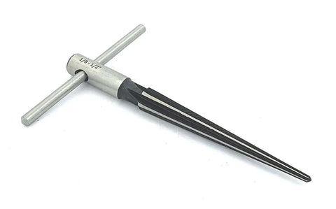 Hardened Alloy Steel Tapered Reamer To Align Holes And Deburr Burrs From One Eighth To One Half Inch tool with T-handle and precision-ground edges.