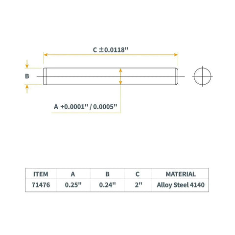 Technical drawing of hardened steel dowel pin, 0.25 inch diameter, 2 inch length, alloy steel 4140 for accurate alignment in fixtures.