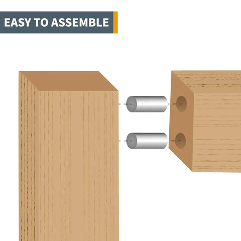 Illustration of two wooden blocks being aligned with hardened steel dowel pins, showing easy assembly for fixtures and machine components.