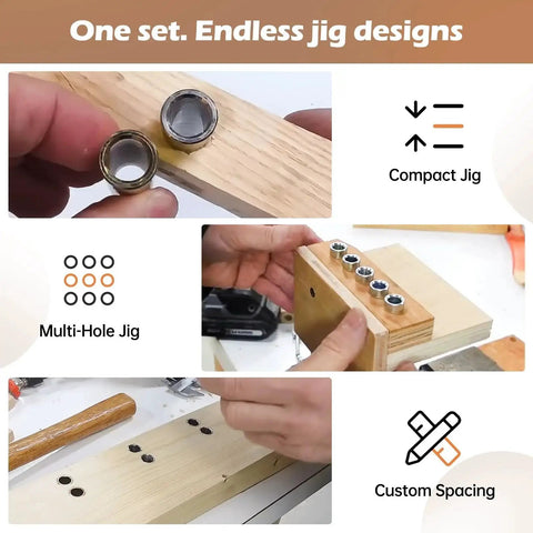 Extra Deep Three Eighths Inch Drill Bushings Hardened Steel Guide Sleeves For Doweling Jigs shown in woodworking setup