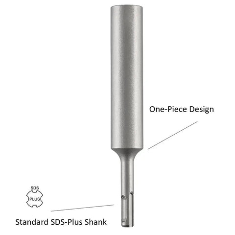 Beefy Ground Rod Driver For Half Inch And Three Quarter Inch Rods With A One Piece Hardened Steel Body And A Ten Millimeter Shank Six Point Seven Inches Long Fits Bosch Dewalt Milwaukee Hilti And Other SDS Plus Rotary Hammer Drills, showing one-piece design and SDS-Plus shank