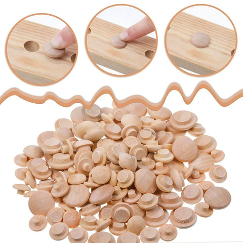 Wood Plugs Set in 4 Sizes for DIY Furniture Repair and Cabinet Gaps 120 Pieces Hardwood Hole Plugs Button Stoppers shown in use