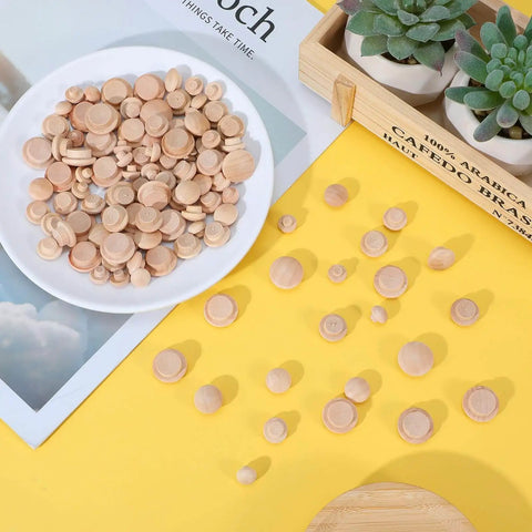 120 Piece Wood Plug Set For Screw Holes With Mushroom Head Shape on white plate, scattered on yellow surface, for furniture repair