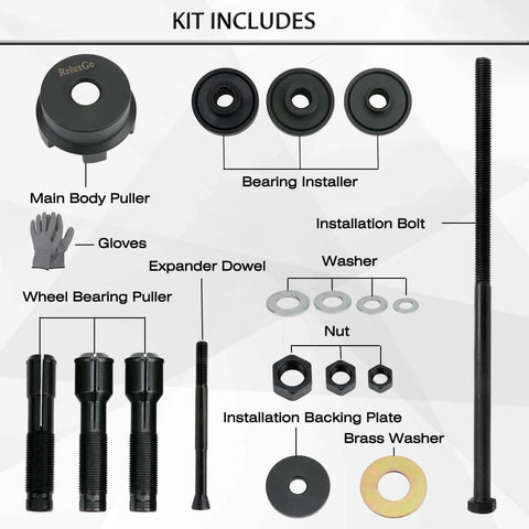 Wheel Bearing Puller Removal Motorcycle Tool Kit for Harley Davidson, showing main body puller, bearing installer, and accessories.