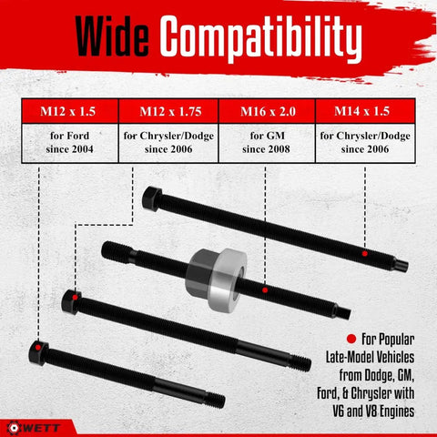 Four threaded rods and adapter from Harmonic Balancer Installer Tool Kit With 5-Piece Long Reach Adapters And Bearing Press Nut, Pro Grade Heavy-Duty Crank Pulley Underdrive Damper Puller Set, Durable Carbon Steel, Black Manganese Coated shown against a compatibility chart for Ford, Chrysler, and GM.
