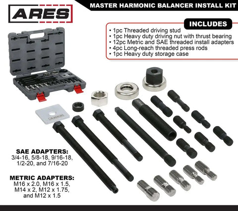 Master Harmonic Balancer Install Kit with extra-long installers and adapters for domestic and import vehicles, shown in open case.