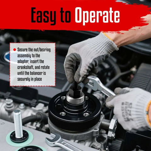Mechanic using Harmonic Balancer Installer Tool Kit With 5-Piece Long Reach Adapters And Bearing Press Nut on engine crankshaft.