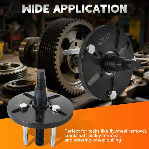 Close-up of Harmonic Balancer Puller Kit With Installer And Thrust Bearing for wide application with gears in background.