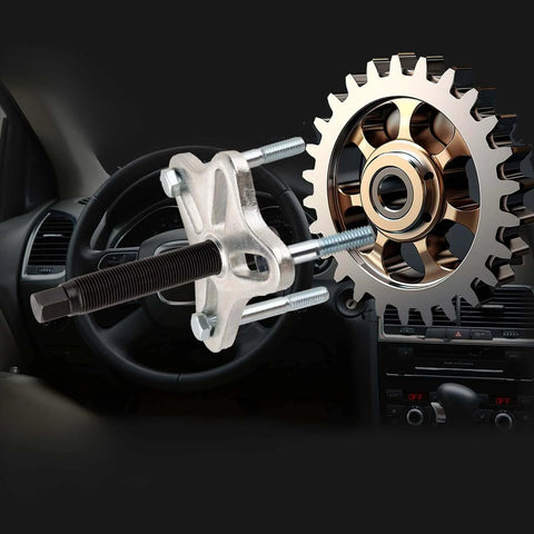 46PCS Harmonic Balancer Puller Set in use, showing automotive power steering wheel pulley puller and installer tool kit with crankshaft flywheel.