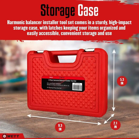 Harmonic Balancer Installer Tool Kit With 5-Piece Long Reach Adapters And Bearing Press Nut in red storage case, dimensions labeled.