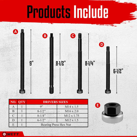 Harmonic Balancer Installer Tool Kit With 5-Piece Long Reach Adapters And Bearing Press Nut, product components shown.