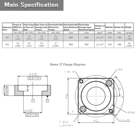 Harmonic Gear Drive Reducer Small Strain Wave Gearbox 50:1 specs and Nema 17 flange diagram
