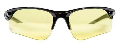Front view of Harrier Interchangeable Shooting Glasses with amber anti-fog lens, rugged half-frame design.