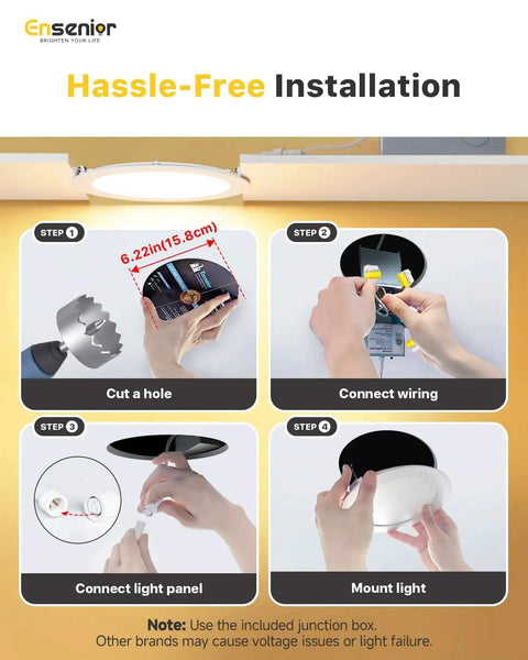 Installation steps for Six Pack 6-Inch LED Recessed Light Dimmable 2700K-5000K 5CCT 1200 Lm 12W 120V Damp Rated ETL light.