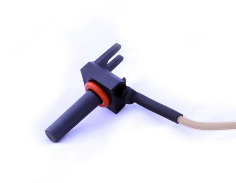 Optimum Pool temperature sensor probe with black housing, red seal, beige cable; includes 2-inch pipe clamp