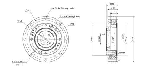 Diagram of HD Mini-14 Strain Wave Gear Reducer, 70mm Harmonic Drive Gear Ratio 30:1 with measurements.