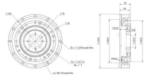 HD Mini-25 Strain Wave Gear Reducer, 110mm Harmonic Drive Gear Ratio 120:1 technical drawing and dimensions.