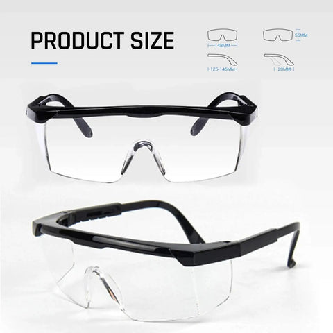 HD Anti Fog Safety Glasses Over Eyeglasses With Adjustable Frame For Protection, showing size dimensions and clear lenses