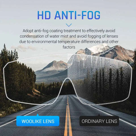 HD Anti Fog Safety Glasses graphic depicting anti-fog lens technology with mountain background