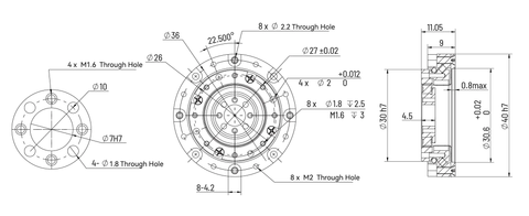 HD Mini-08 Strain Wave Gear Reducer dimensions and specifications diagram.