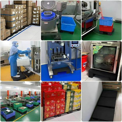Heavy Duty HDPE Plastic Pallets Set for Garage and Industrial Use used in factory settings for organized storage and moisture protection.