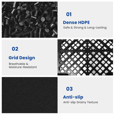 8 Pack Raised Plastic Pallets With Breathable Grid For Basement Storage Kitchen And Supermarket Use Interlocking Nestable Lightweight Moisture Resistant Floor Pallets 19.6 X 11.8 X 4.9 Inch Black, material details showing HDPE, grid design, and anti-slip texture.