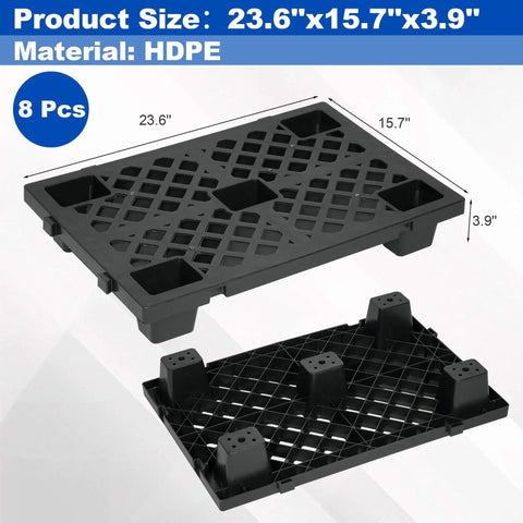Eight Pack Plastic Pallets 23.6 Inch By 15.7 Inch By 3.9 Inch Thick Heavy Duty HDPE Floor Pallets For Basement Storage Waterproof Interlocking Storage Pads With Breathable Grids For Garage And Supermarket Use