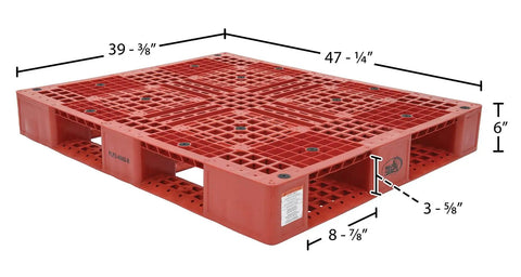 Red High Density Polyethylene Pallet With Four Way Entry 39 1/2 In By 47 3/8 In 6 In Tall 8000 Lb Capacity Serrated Deck