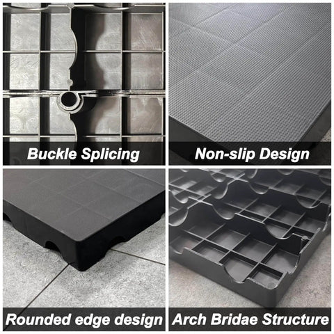 Six Piece Black Plastic Pallet Set With Interlocking Design for Easy Stacking, shown with buckle splicing and non-slip surface