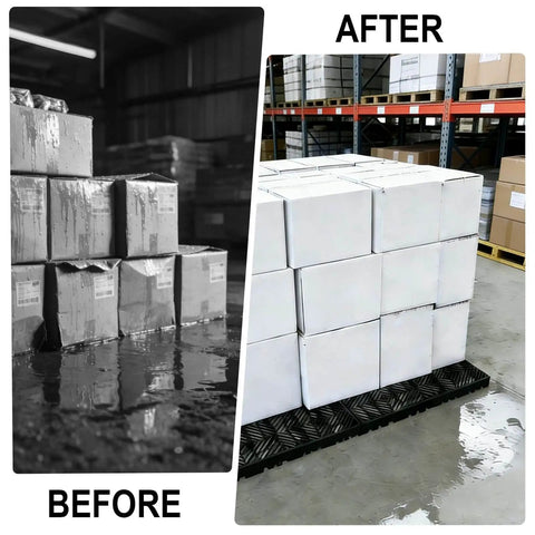 Plastic Pallet Safety Storage Nestable Grid Pads Two Pack HDPE Non Slip Platform For Warehouse Supermarket Pet Supplies Temperature Resistant To 100C And Minus 20C 23.6 By 15.7 By 2 Inches shown in use with white boxes
