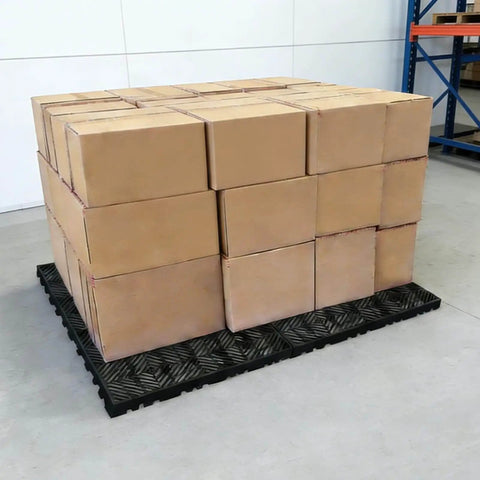 Plastic Pallet Safety Storage Nestable Grid Pads Two Pack HDPE Non Slip Platform in warehouse supporting boxes.