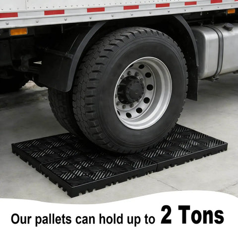Truck wheel on Plastic Pallet Safety Storage Nestable Grid Pads Two Pack HDPE Non Slip Platform, supports up to 2 tons, 23.6x15.7x2 inches.