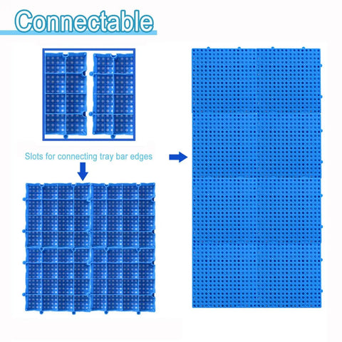 Blue 2 Pack Plastic Pallets With 0.3 Inch Round Holes And Breathable HDPE Grids showing connectable slots for assembly.
