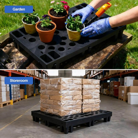 Nestable HDPE Plastic Pallet Set, Lightweight Yet Durable 6 Pack With Breathable Grid Design in garden and storeroom use