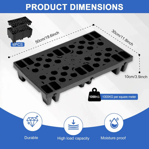 Nestable HDPE Plastic Pallet Set, Lightweight Yet Durable 6 Pack With Breathable Grid Design, Waterproof For Basement Storage