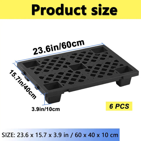 Six Pack Plastic Pallets for Basement Storage Lightweight Waterproof Floor Pallets with Interlocking Breathable Grids, size 60cm x 40cm x 10cm.