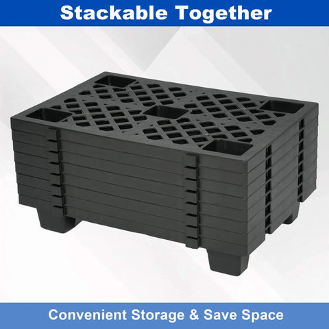 Stacked Eight Pack Plastic Pallets 23.6 Inch By 15.7 Inch By 3.9 Inch Thick Heavy Duty HDPE Floor Pallets for storage, black.
