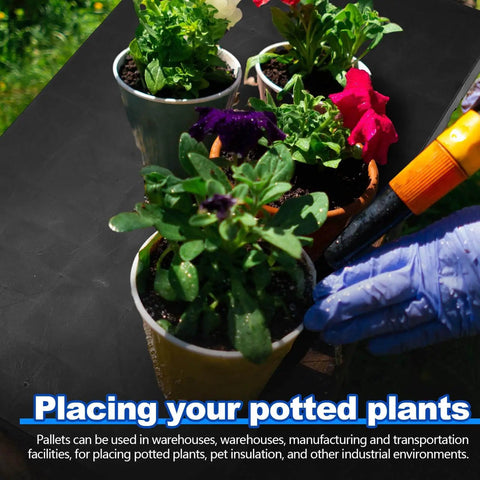Six Pack HDPE Plastic Pallets Waterproof Storage Pads in use with potted plants on grid floor, supports up to 4000 lbs