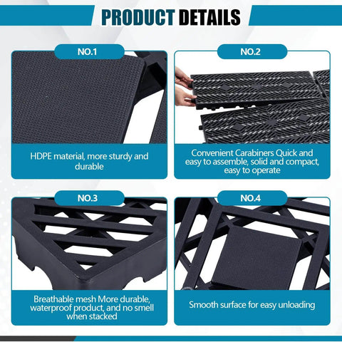Close-up of Six Pack Lightweight Plastic Pallets 23.6 X 11.8 X 1.18 Inches Moisture Proof Waterproof Floor Pallets with grid ventilation.