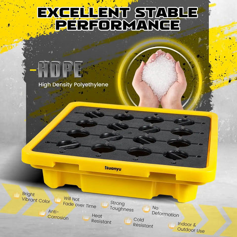 Image of Spill Containment Pallet With Drain Outlet For 200L Drum, yellow heavy duty tray platform, with HDPE material and features.