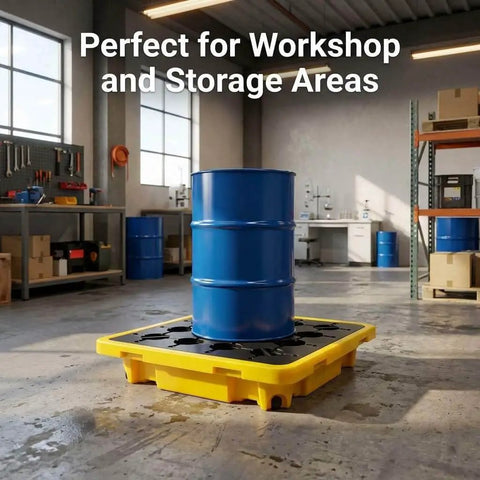 Single Drum Spill Containment Pallet With 15 Gallon Sump And 2000 Lbs Static Load, 26 By 26 Inch HDPE Platform For Workshop And Lab Use