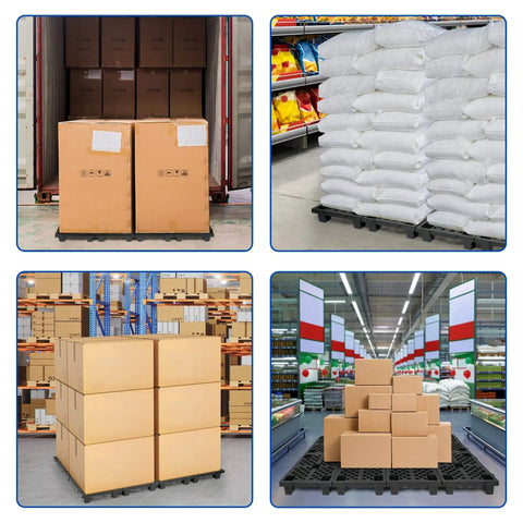 Eight Pack Plastic Pallets 23.6 Inch By 15.7 Inch By 3.9 Inch Thick Heavy Duty HDPE Floor Pallets For Basement Storage Waterproof Interlocking Storage Pads With Breathable Grids For Garage And Supermarket Use. Shown supporting various goods in warehouse and supermarket settings.