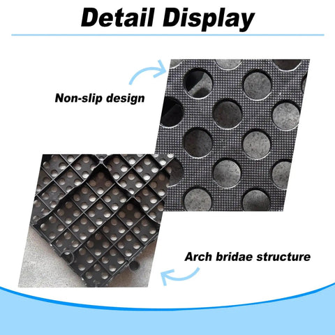 Close-up of Six Pack Black Plastic Pallets With Ventilation Grid, 11.8 By 23.6 By 1.18 Inches, non-slip and bridged structure detail